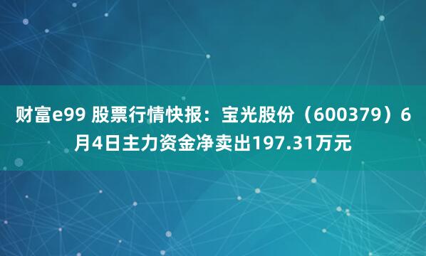 财富e99 股票行情快报:宝光股份(600379)6月4日主力资金净卖出197.31万元